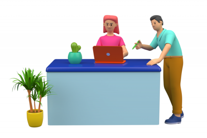 3D illustration of a hospital reception with a patient talking to a receptionist.